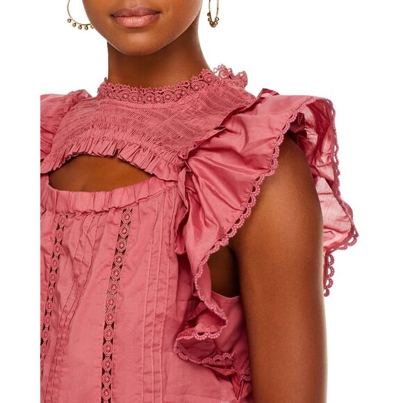 Farm Rio Smocked Blouse Top Ruffles Pink Size XS New With Tag - Picture 2 of 6